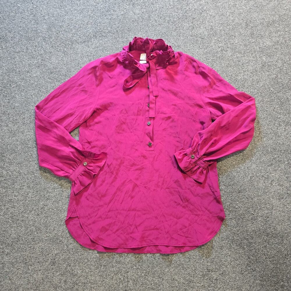 J Crew Top Womens 0 Pink Silk Blend Ruffle Neck Bow Popover Long Sleeve Capsule